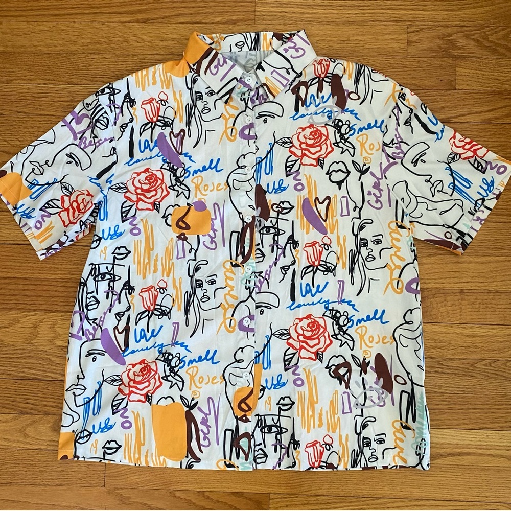 Shein Button Down Shirt Women’s Large(US 8/10) Multicolor Collared Abstract NWOT